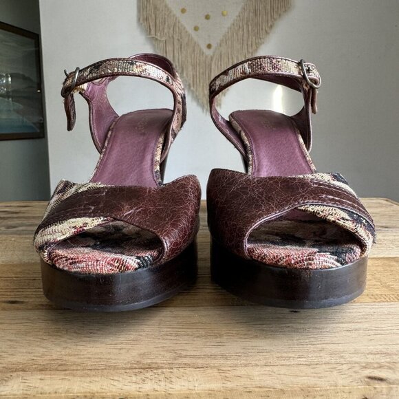 Kenzie Rachelle Burgundy Brocade Brown Platform Ankle Strap Peep Toe Sandal - Picture 4 of 17